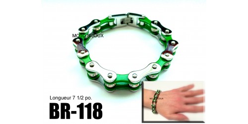 Br-118, Bracelet  chaîne vert argent  pierres acier inoxidable « stainless steel » 
